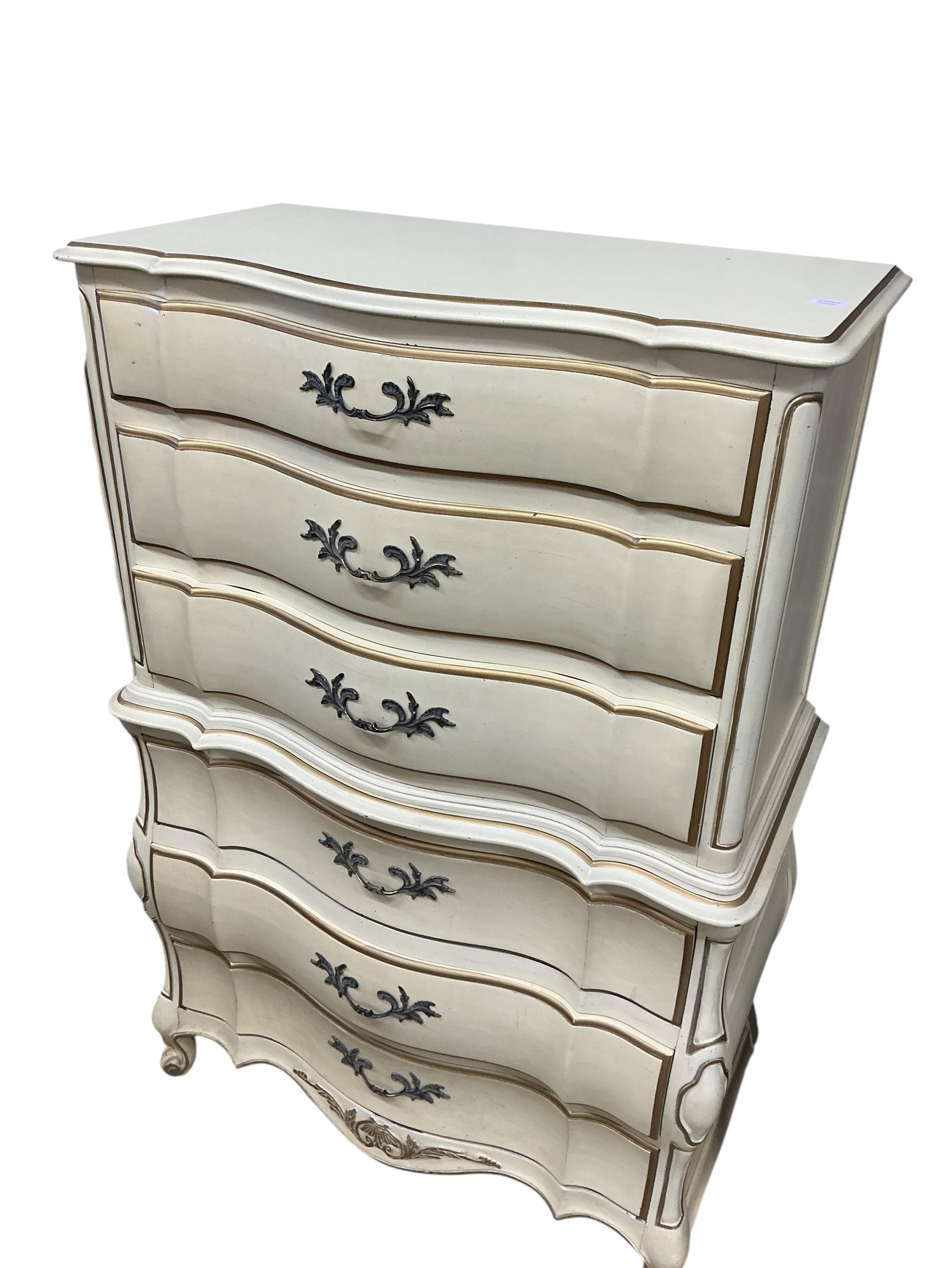 An American cream and gilt painted tallboy, width 100cm, depth 50cm, height 150cm